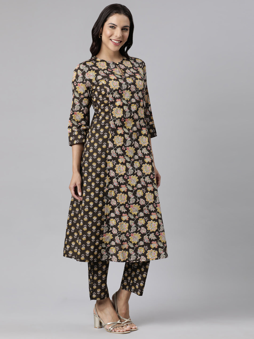 Neerus Brown printed straight suit set panelled kurta with trouser and dupatta - detail view 1