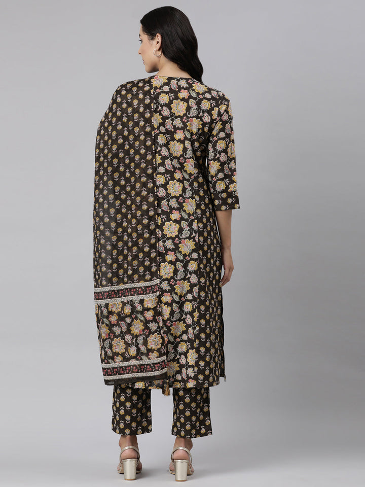 Neerus Brown printed straight suit set panelled kurta with trouser and dupatta - detail view 2