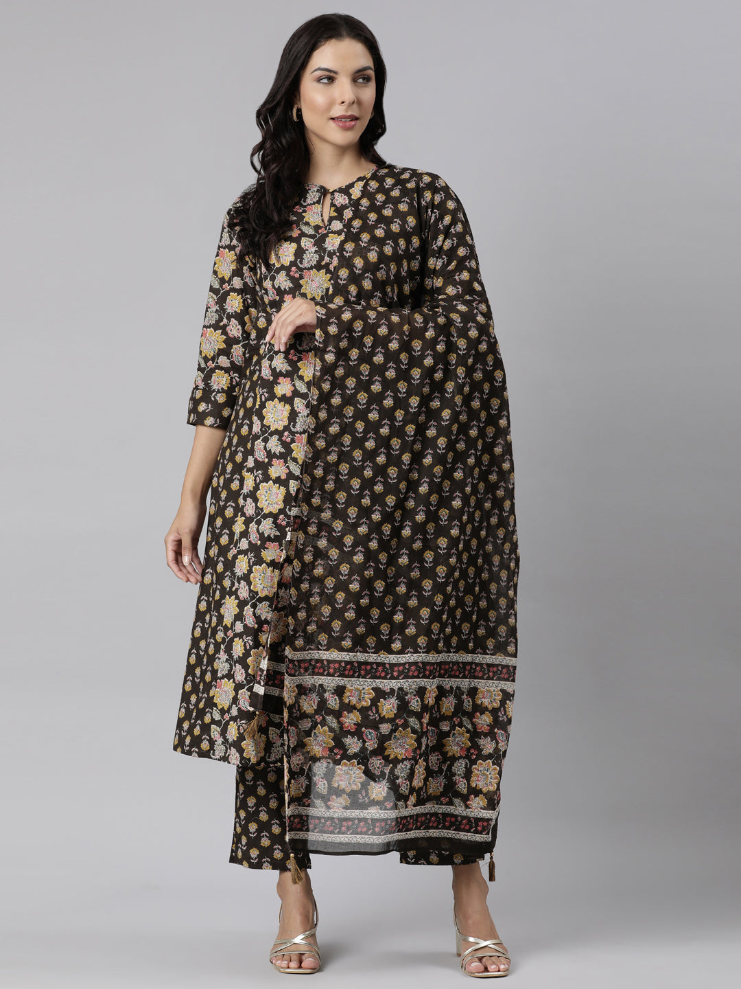 Neerus Brown printed straight suit set panelled kurta with trouser and dupatta - detail view 3