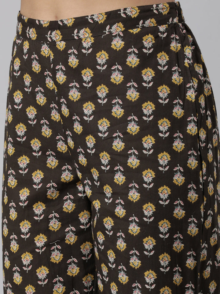Neerus Brown printed straight suit set panelled kurta with trouser and dupatta - detail view 4