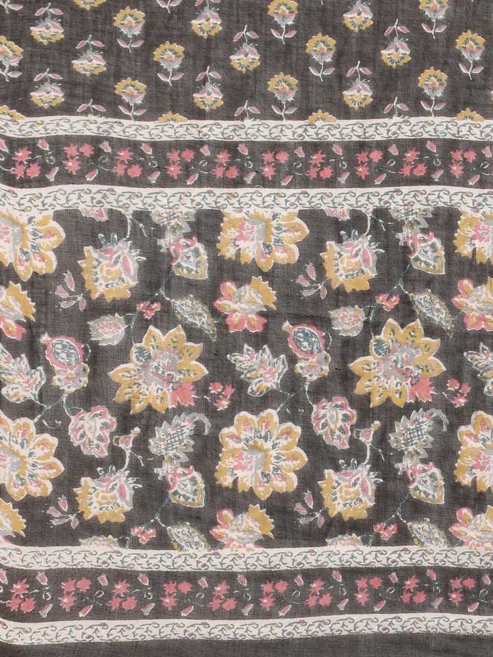 Neerus Brown printed straight suit set panelled kurta with trouser and dupatta - detail view 5