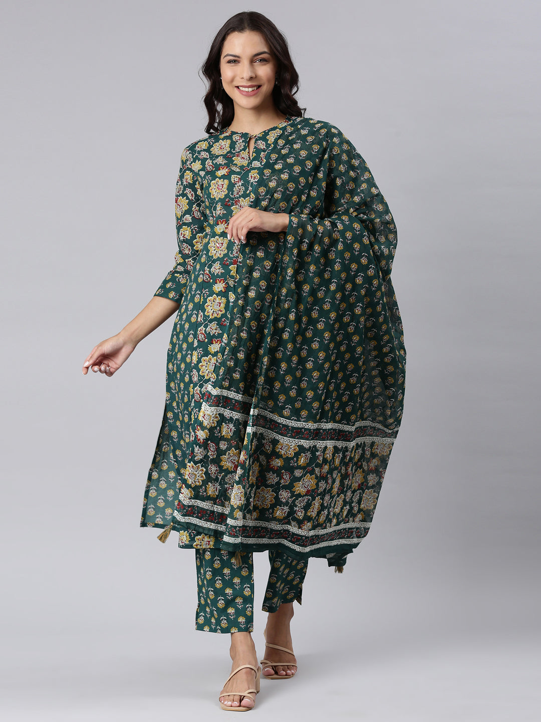 Neerus Green printed straight suit set panelled kurta with dupatta - front view