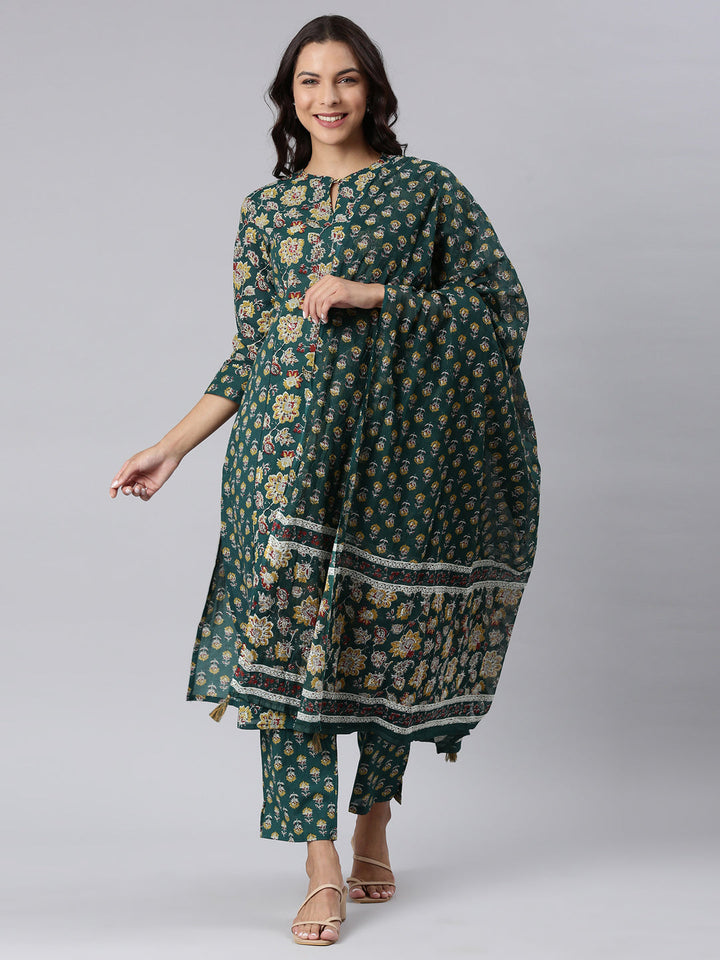 Neerus Green printed straight suit set panelled kurta with dupatta - front view