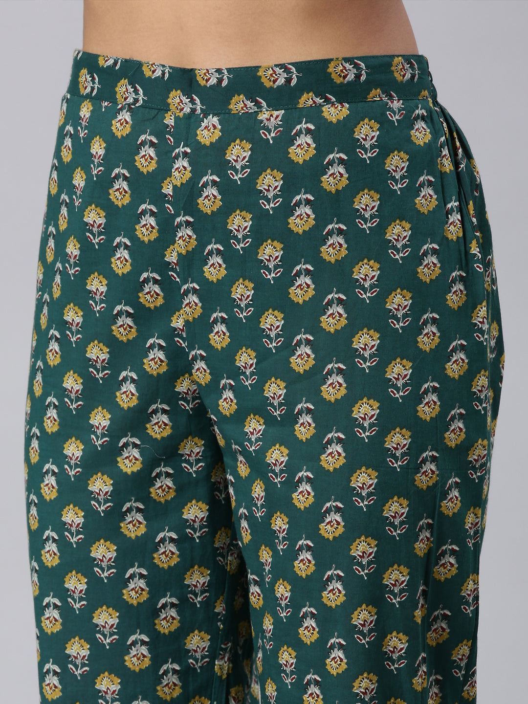 Neerus Green printed straight suit set panelled kurta with dupatta - detail view 4