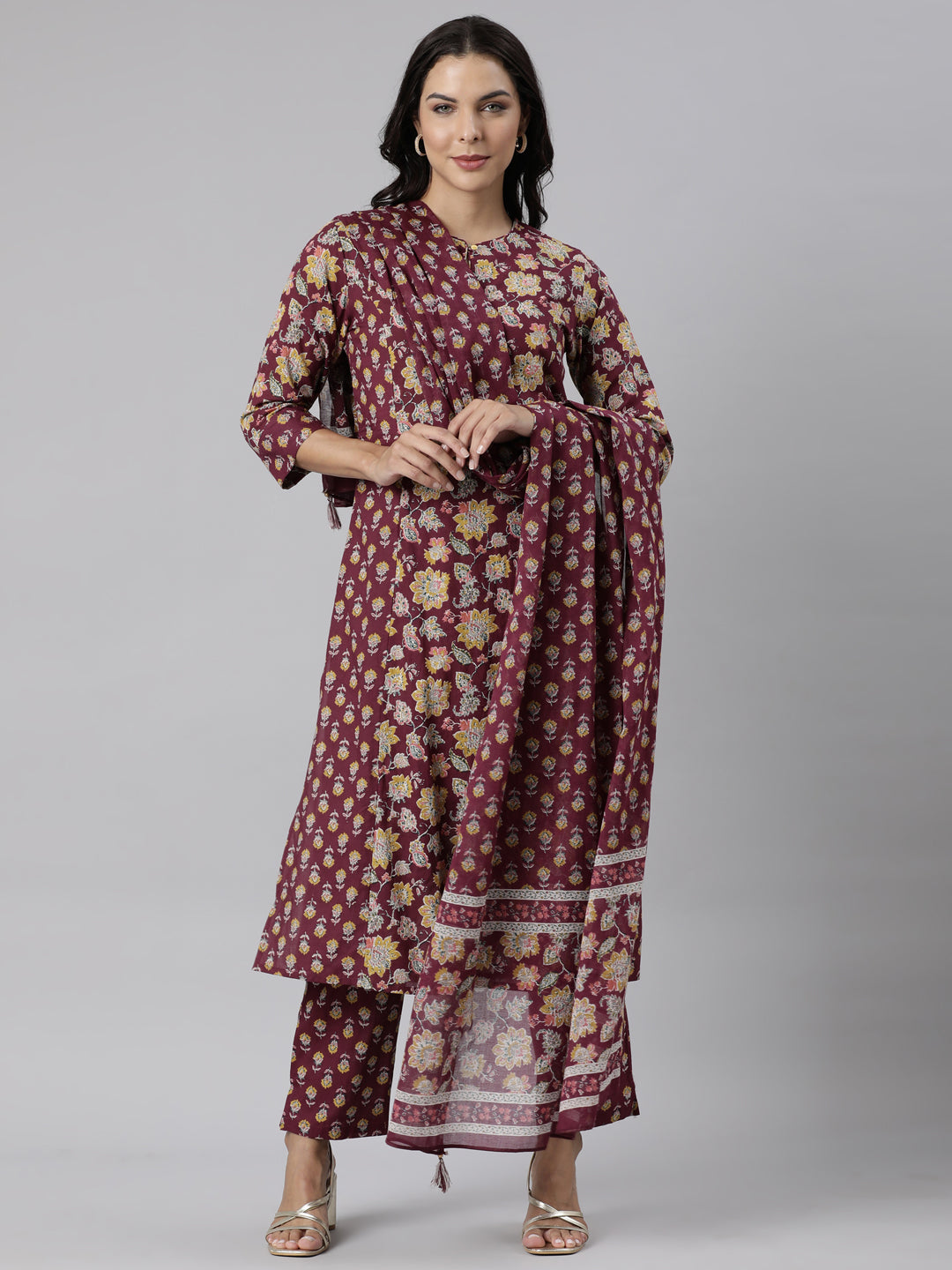 Neerus Purple printed straight suit set - front view