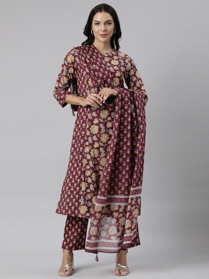 Neerus Purple printed straight suit set - front view
