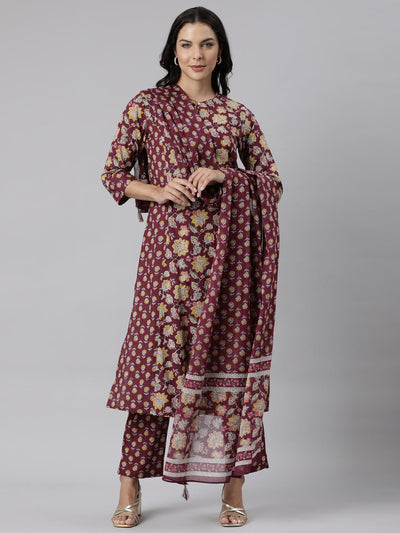 Neerus Purple Panelled Straight Printed Kurta And Trousers With Dupatta