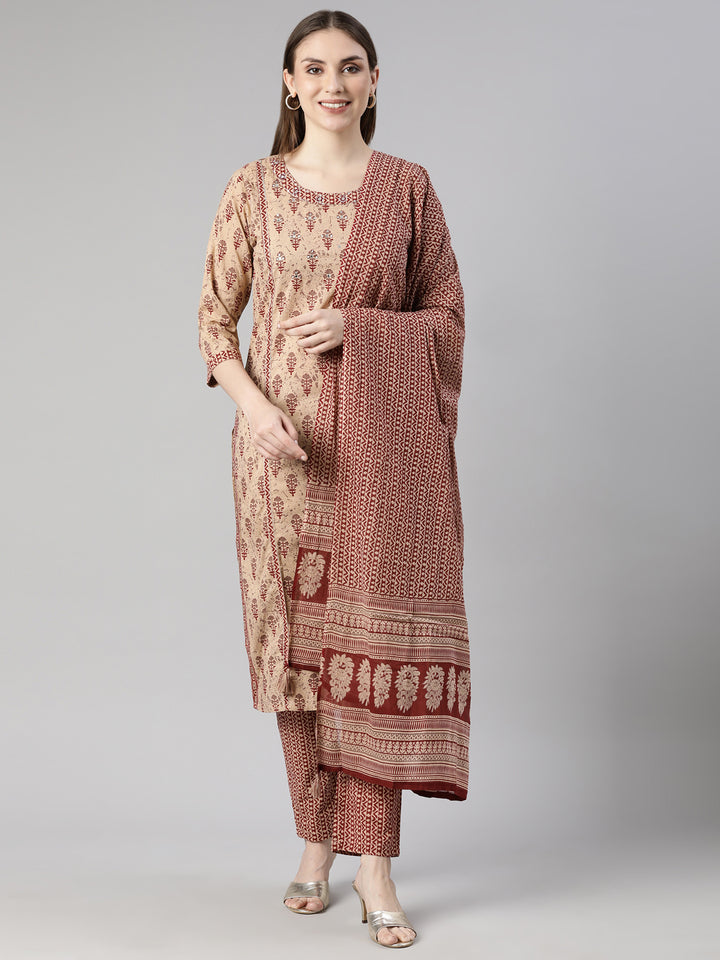 Neerus Maroon printed floral straight suit set - front view