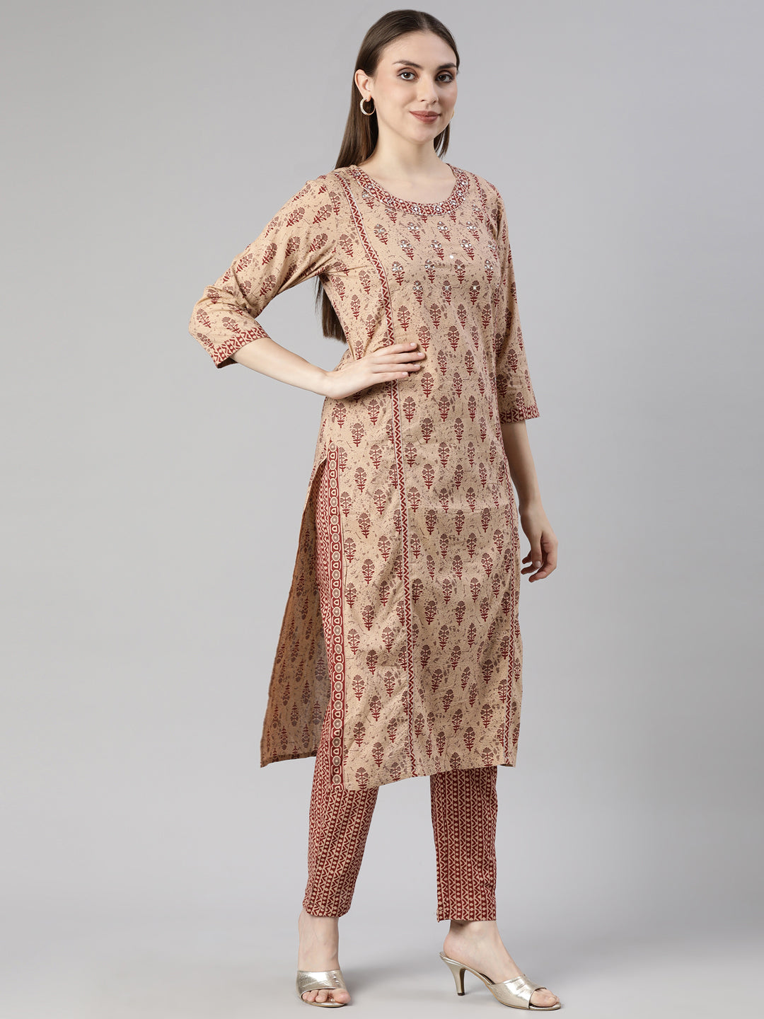 Neerus Maroon printed floral straight suit set - back view
