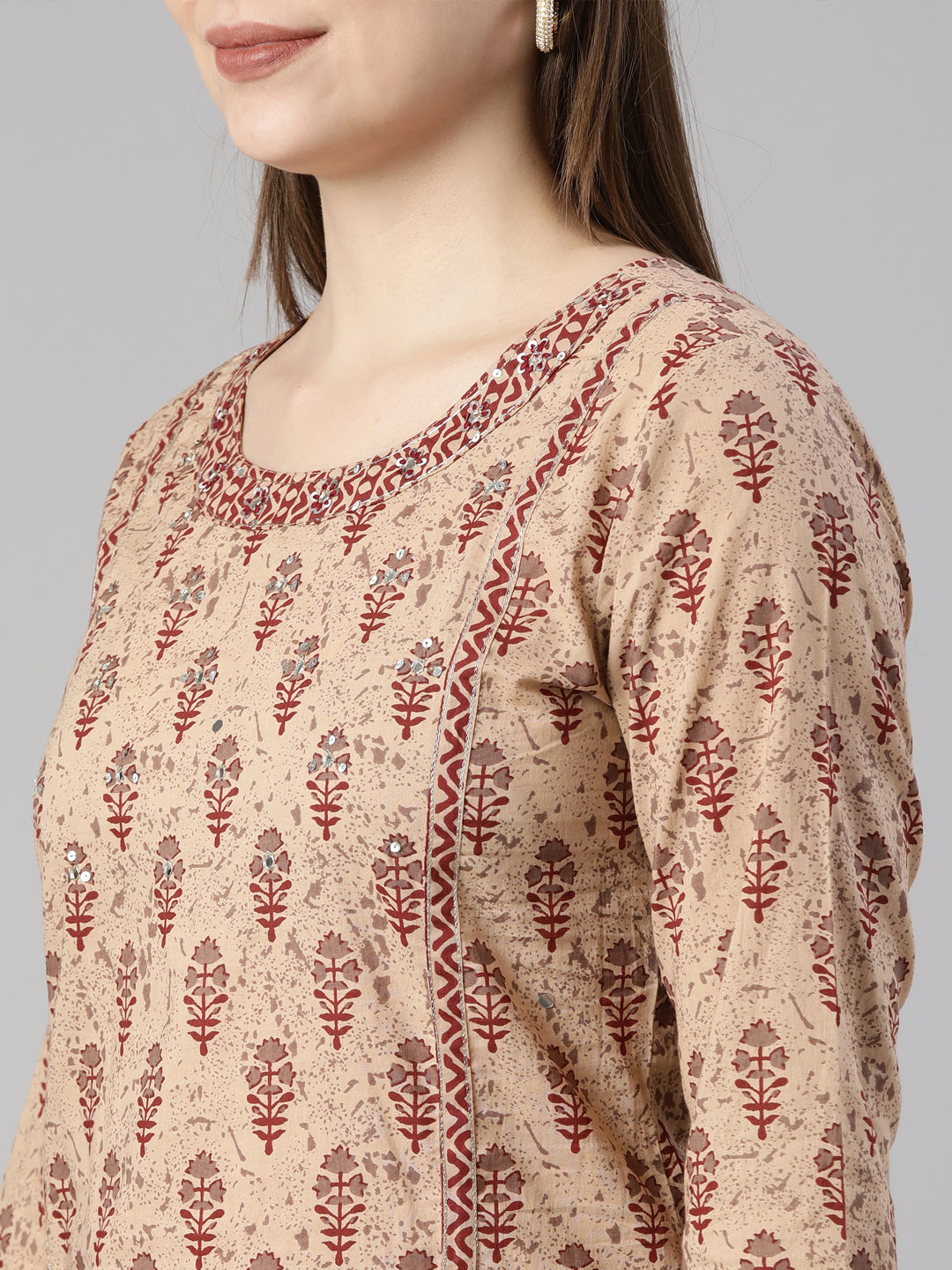 Neerus Maroon printed floral straight suit set - detail view 1