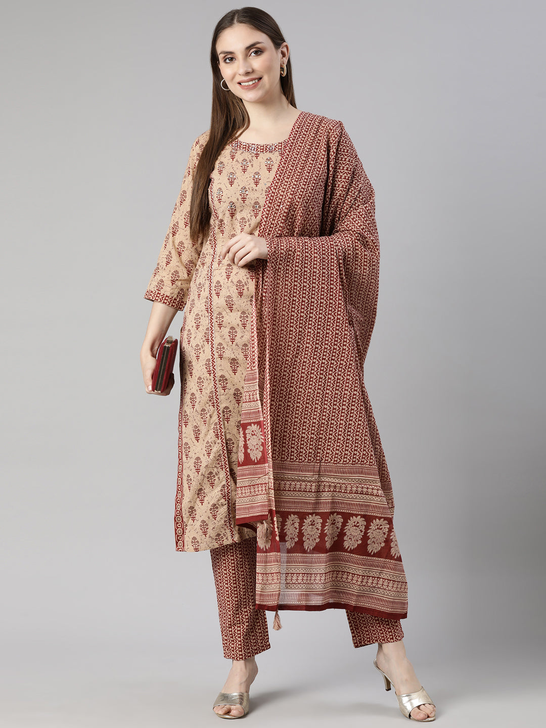 Neerus Maroon Regular Straight Floral Kurta And  Trousers With Dupatta