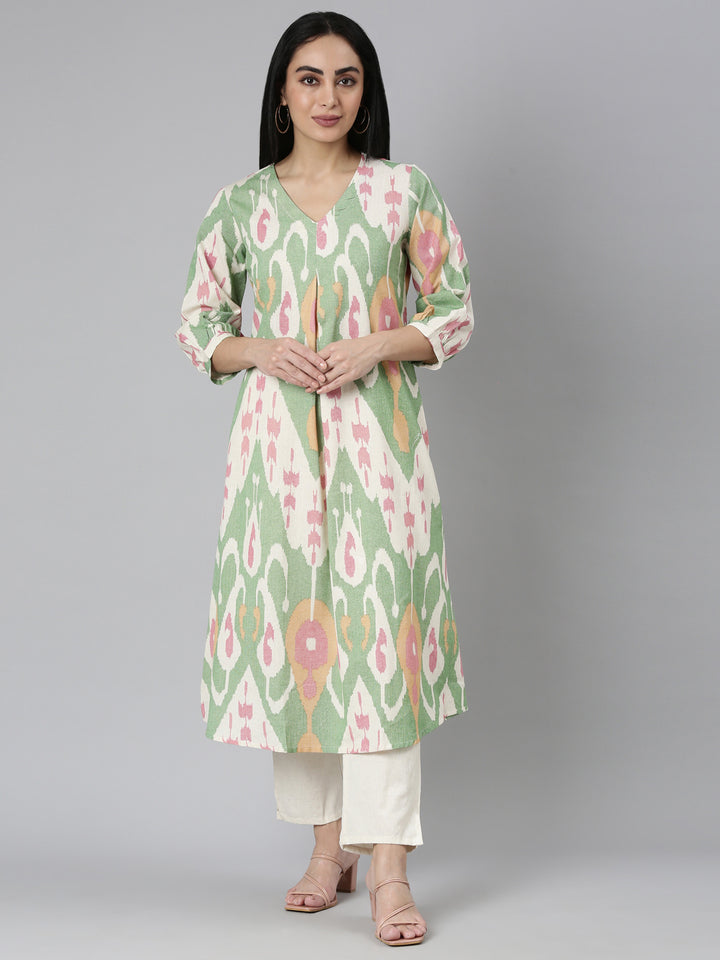 Neerus Green cotton printed kurta set - front view