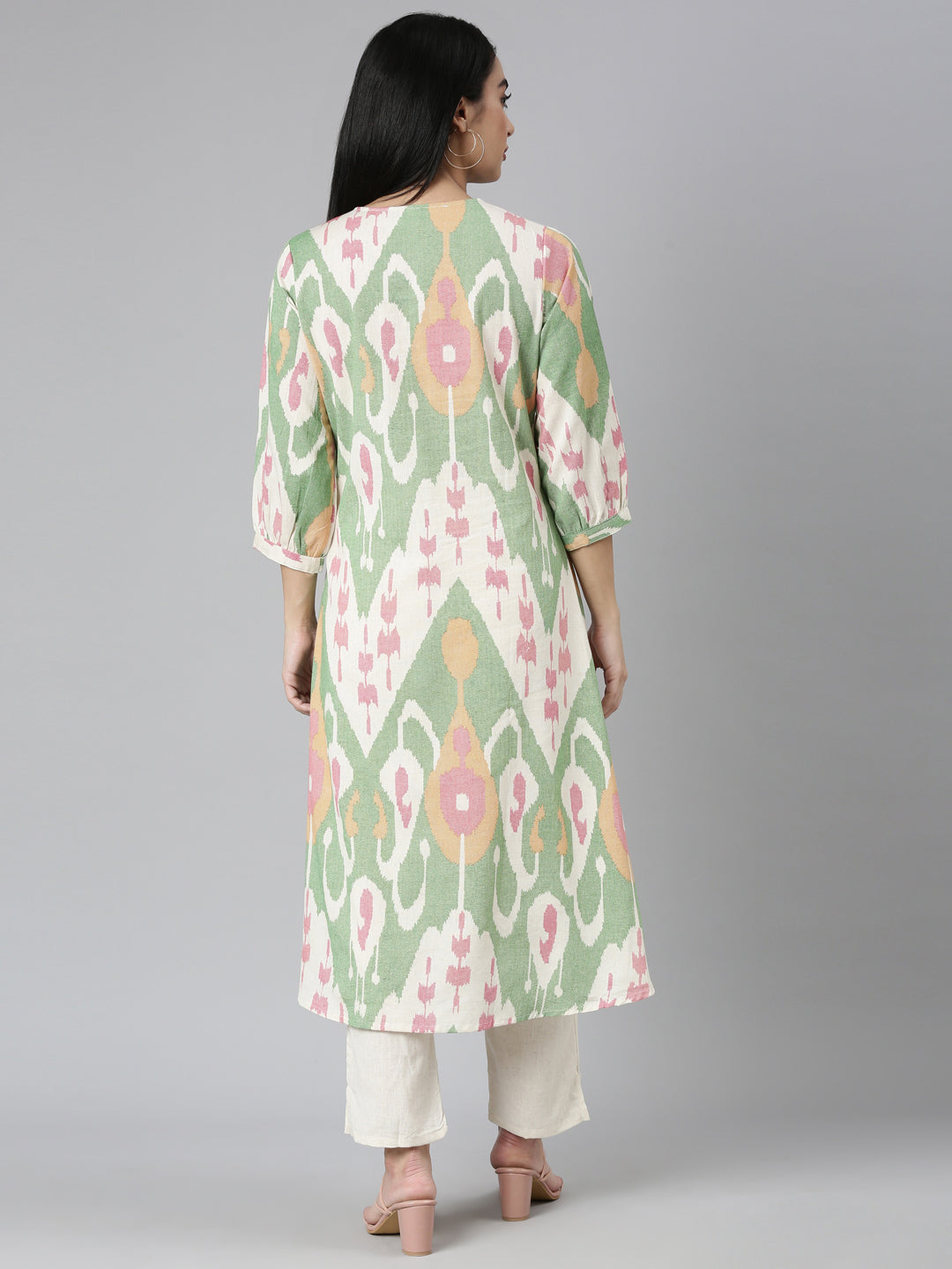 Neerus Green cotton printed kurta set - side view