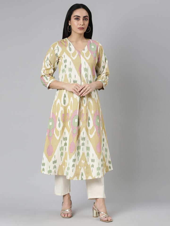 Neerus Mustard Regular Straight Printed Kurta and Trousers