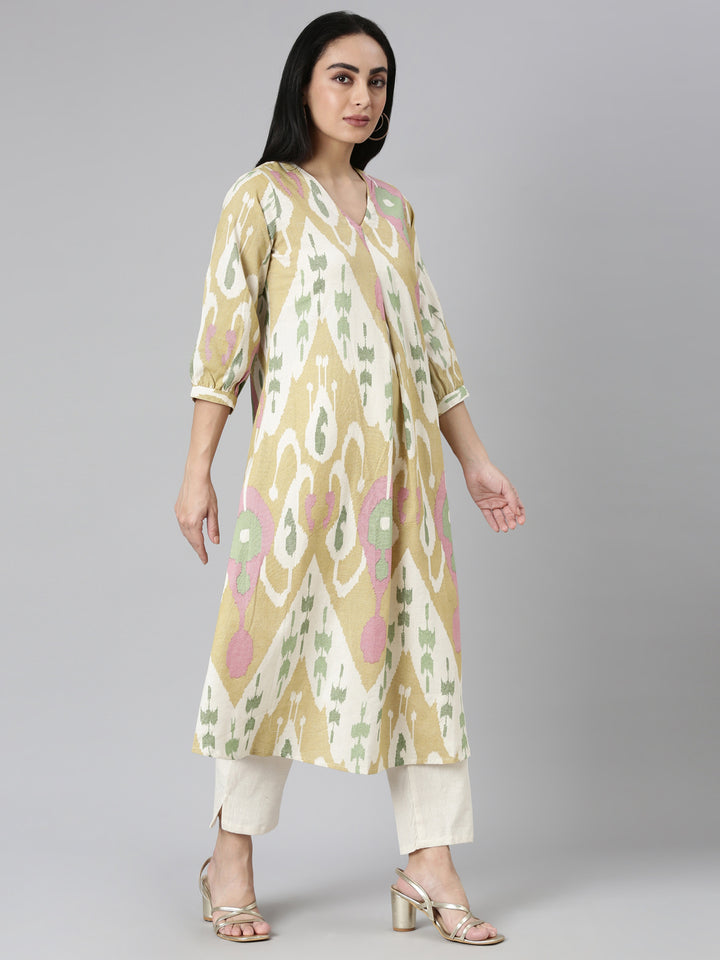 Neerus Mustard Regular Straight Printed Kurta and Trousers