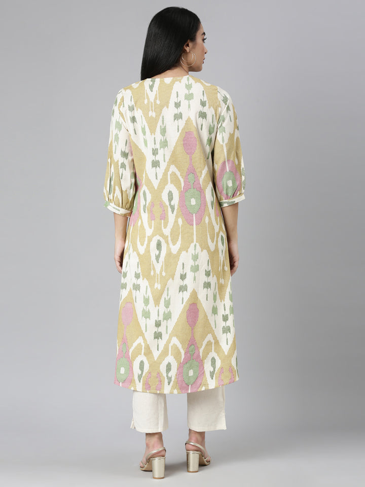 Neerus Mustard Regular Straight Printed Kurta and Trousers