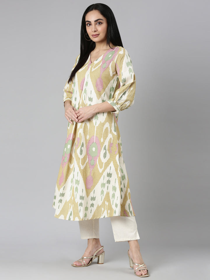 Neerus Mustard Regular Straight Printed Kurta and Trousers