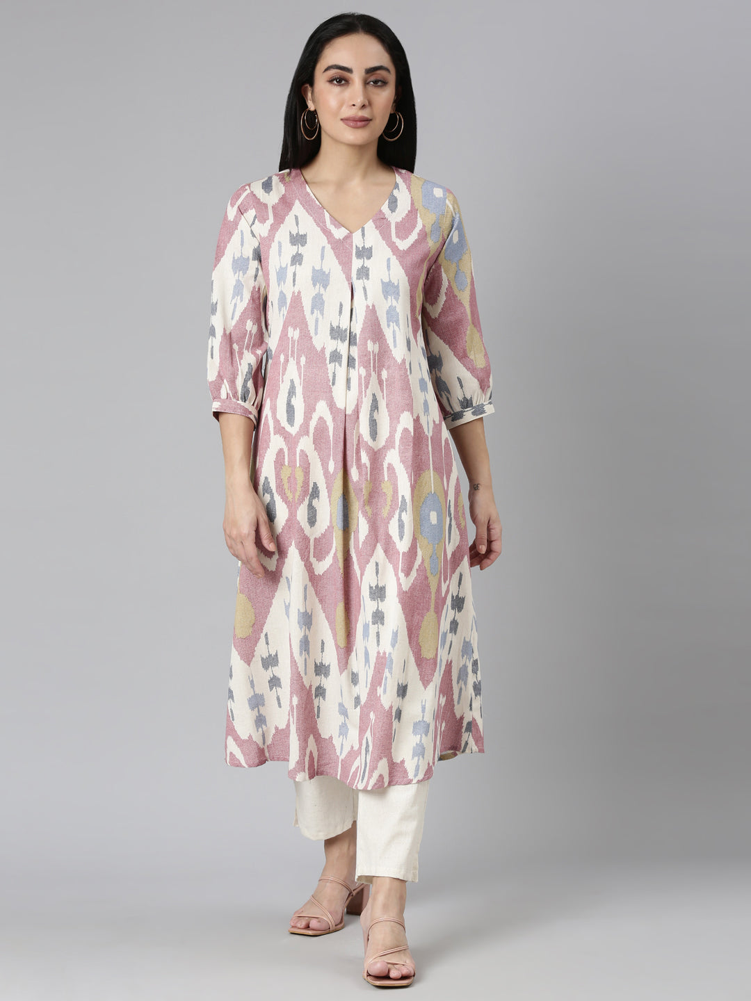 Neerus Pink printed straight kurta set with trouser - front view