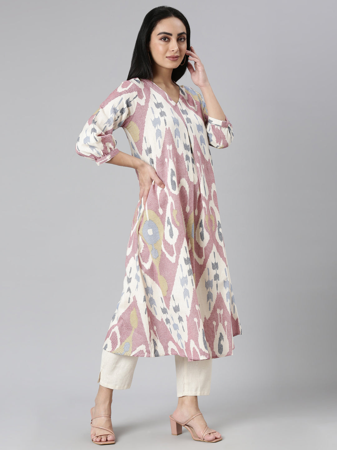 Neerus Pink printed straight kurta set with trouser - back view