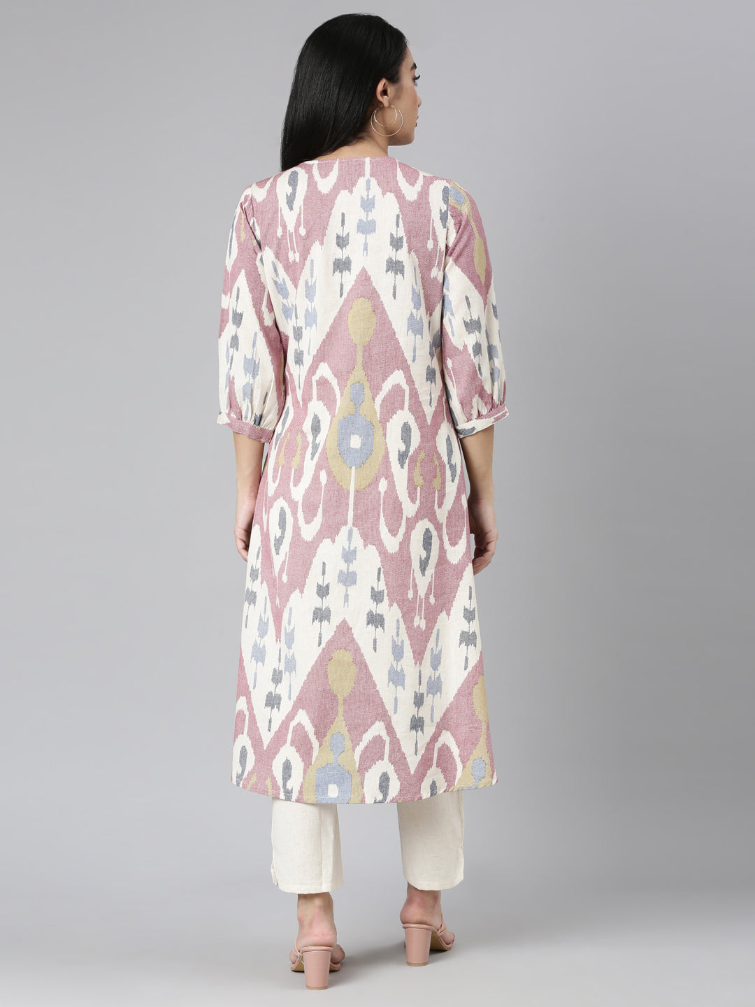 Neerus Pink printed straight kurta set with trouser - side view