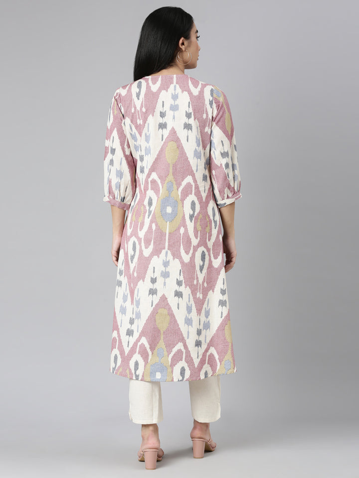 Neerus Pink printed straight kurta set with trouser - side view