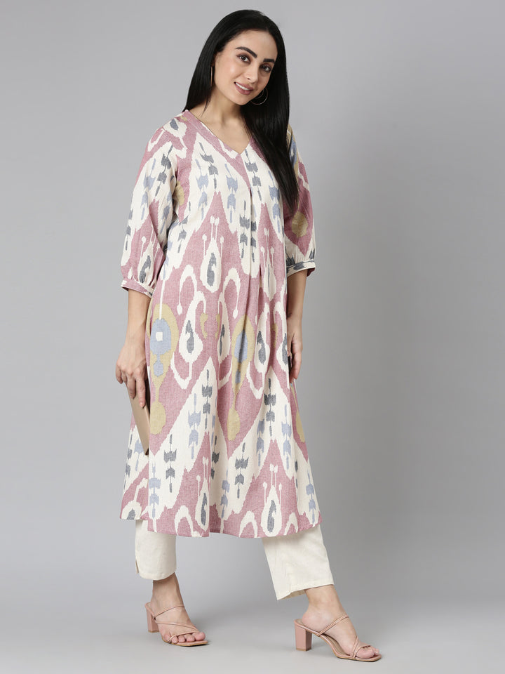 Neerus Pink printed straight kurta set with trouser - detail view 2
