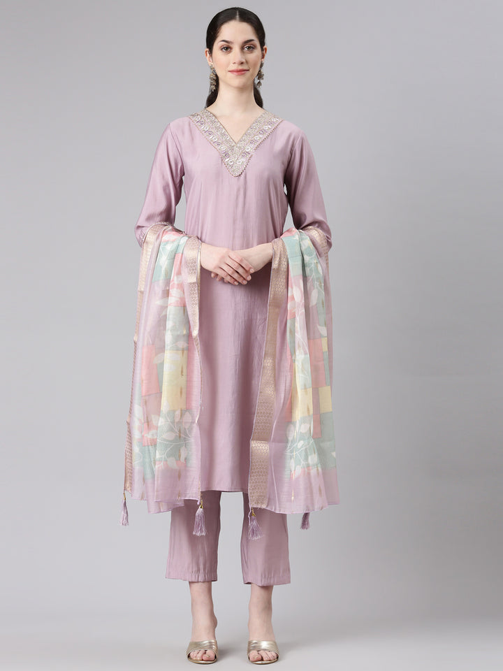 Neerus Women Purple Straight Kurta and Trousers With Dupatta