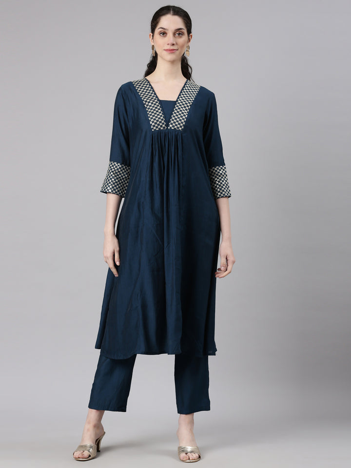 Neerus Blue modal solid kurta set - front view