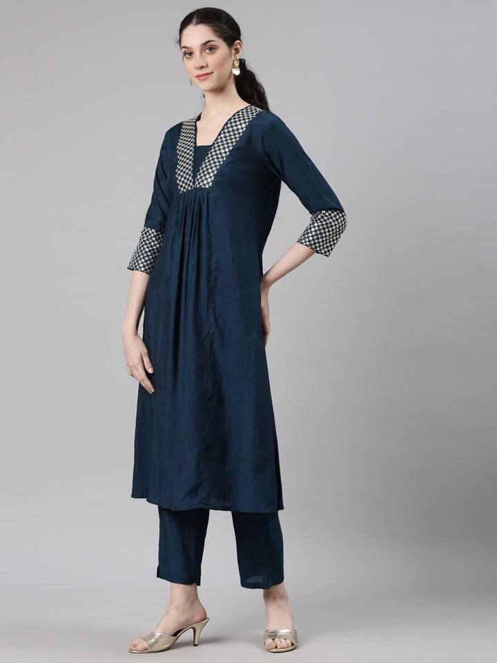 Neerus Blue modal solid kurta set - back view