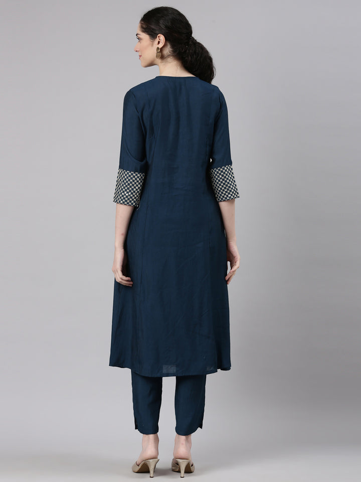 Neerus Blue modal solid kurta set - detail view 1