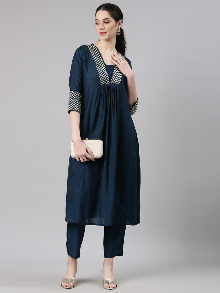 Neerus Blue modal solid kurta set - detail view 3