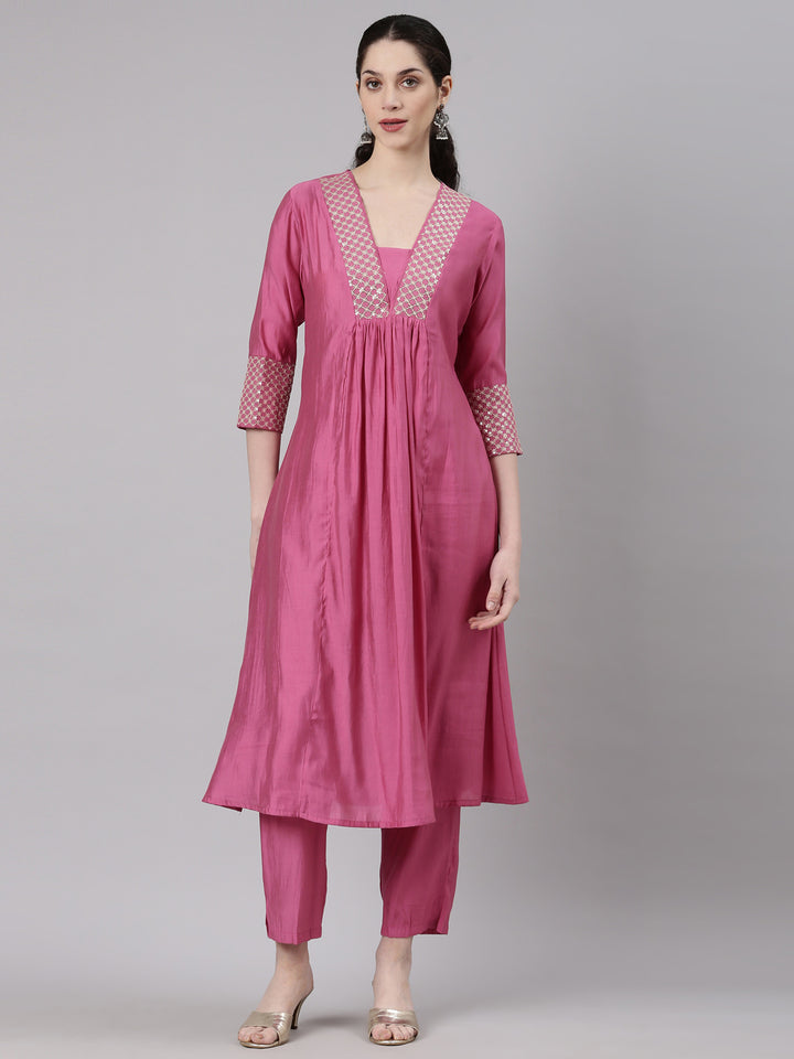 Neerus Pink modal solid kurta set with trouser - front view