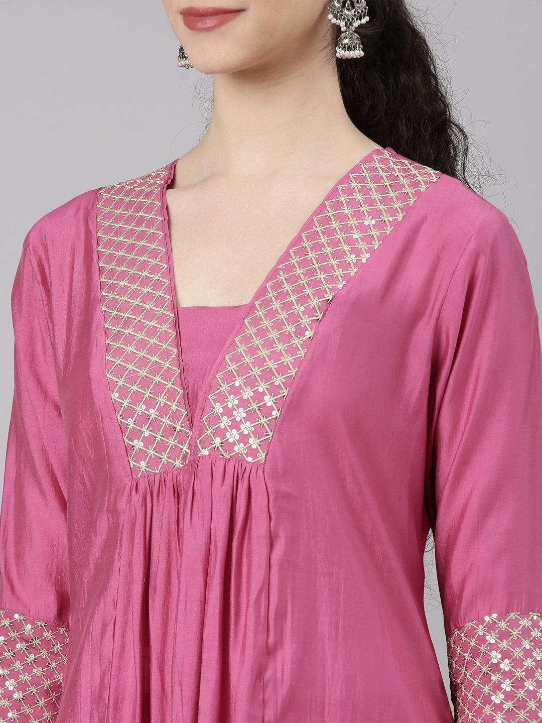 Neerus Pink modal solid kurta set with trouser - detail view 2