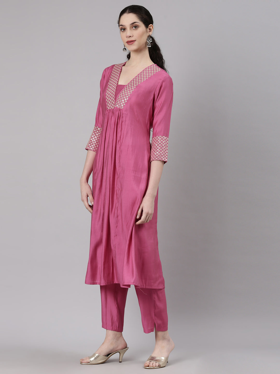 Neerus Pink modal solid kurta set with trouser - back view