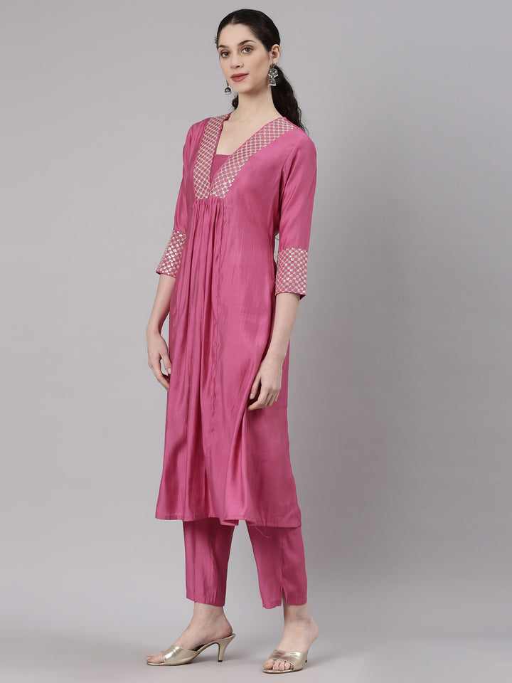 Neerus Pink modal solid kurta set with trouser - back view