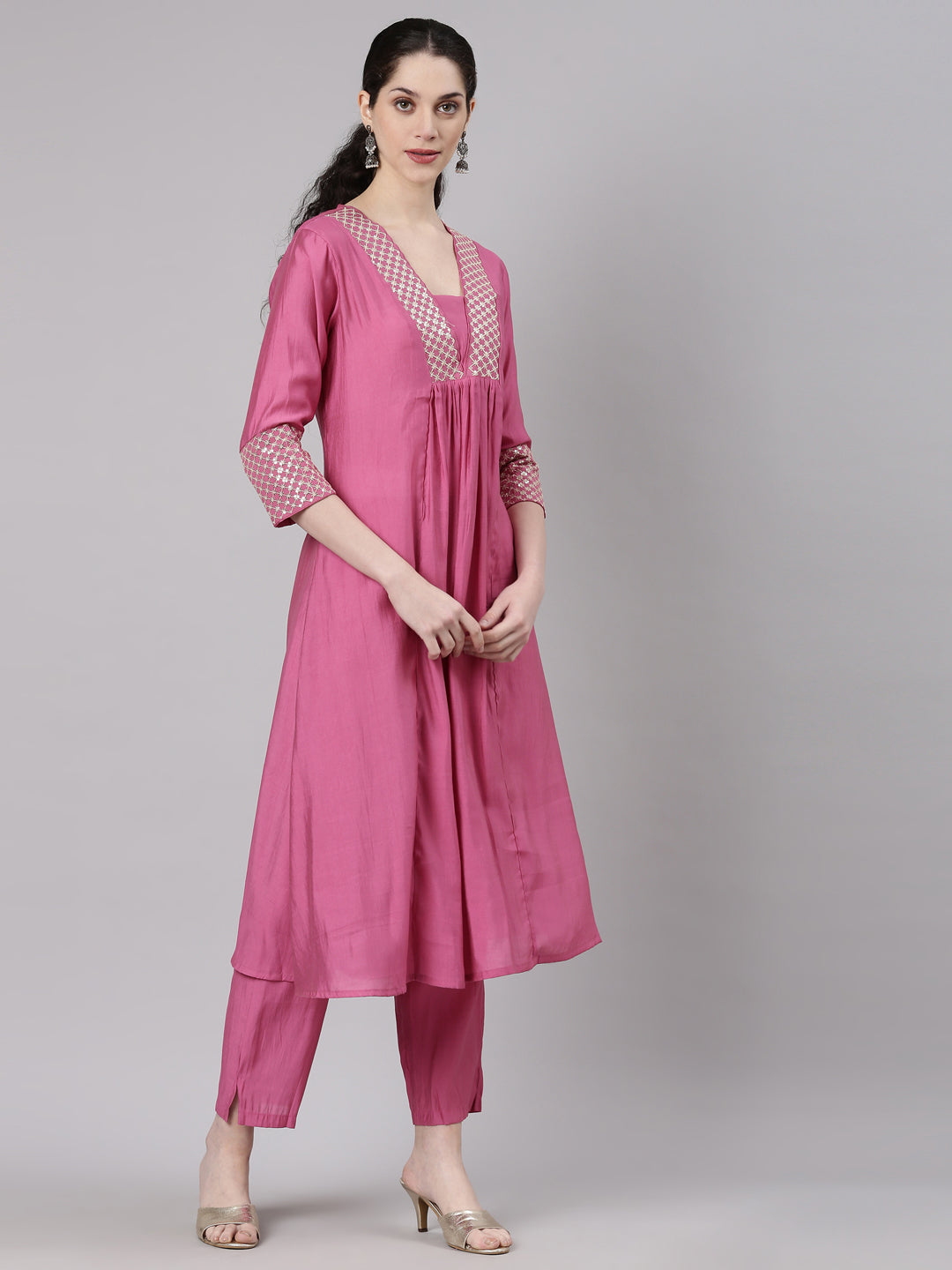 Neerus Pink modal solid kurta set with trouser - side view