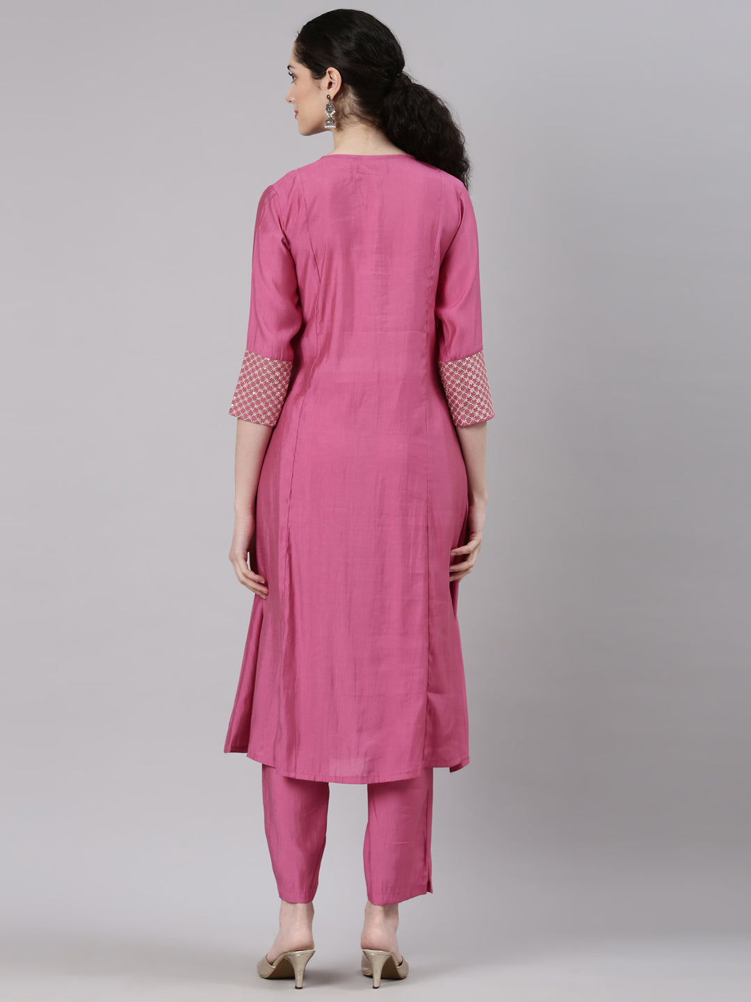 Neerus Pink modal solid kurta set with trouser - detail view 1