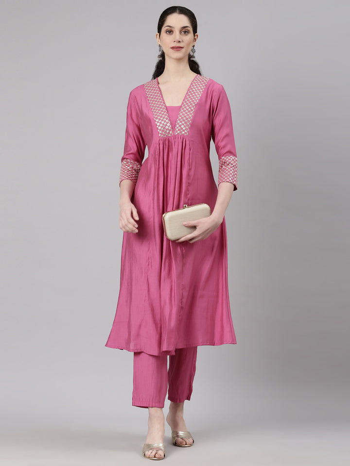 Neerus Pink modal solid kurta set with trouser - detail view 3