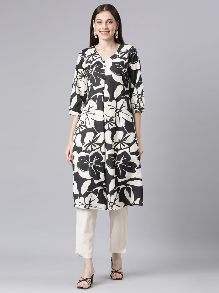 Neerus Black Printed Straight Kurta and Trousers