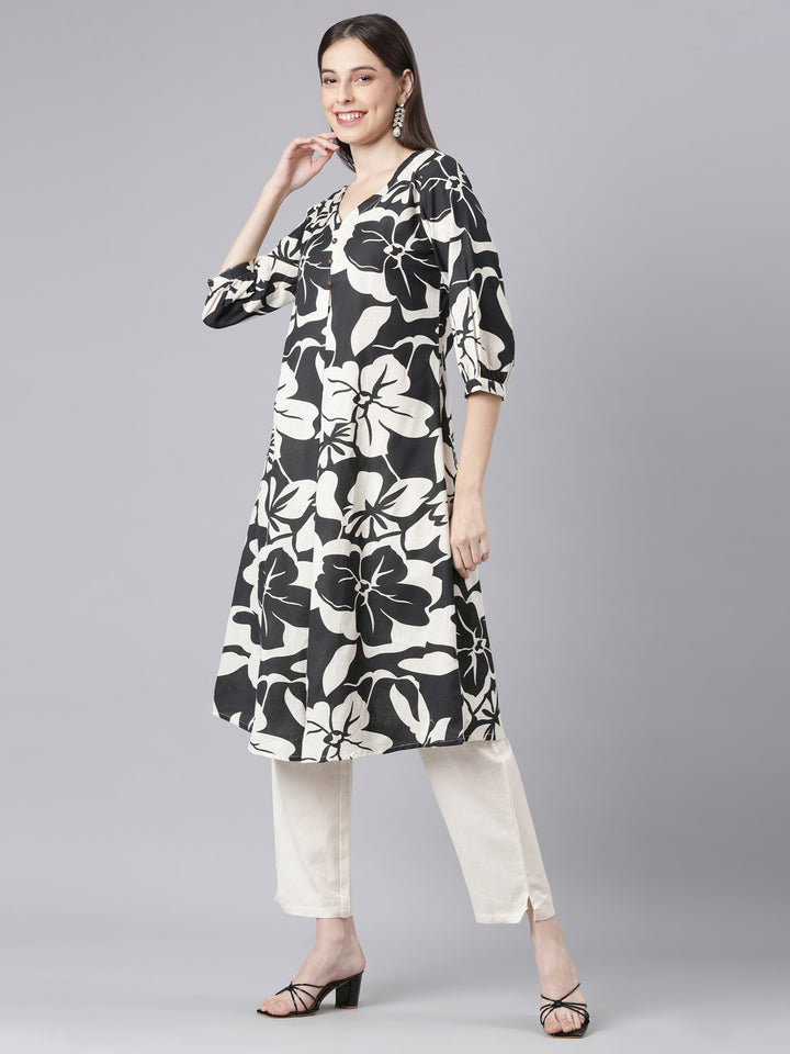 Neerus Black Printed Straight Kurta and Trousers
