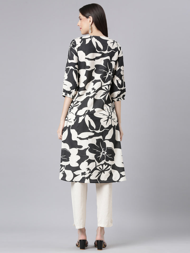 Neerus Black Printed Straight Kurta and Trousers