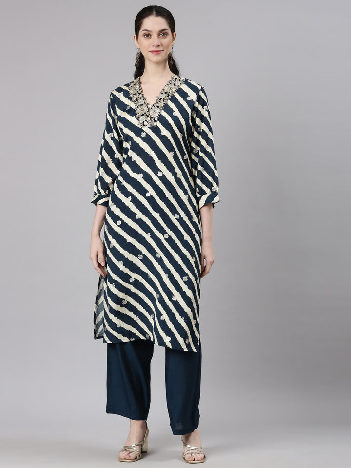 Neerus Navy Blue Straight Casual Leheriya Kurta and Palazzo