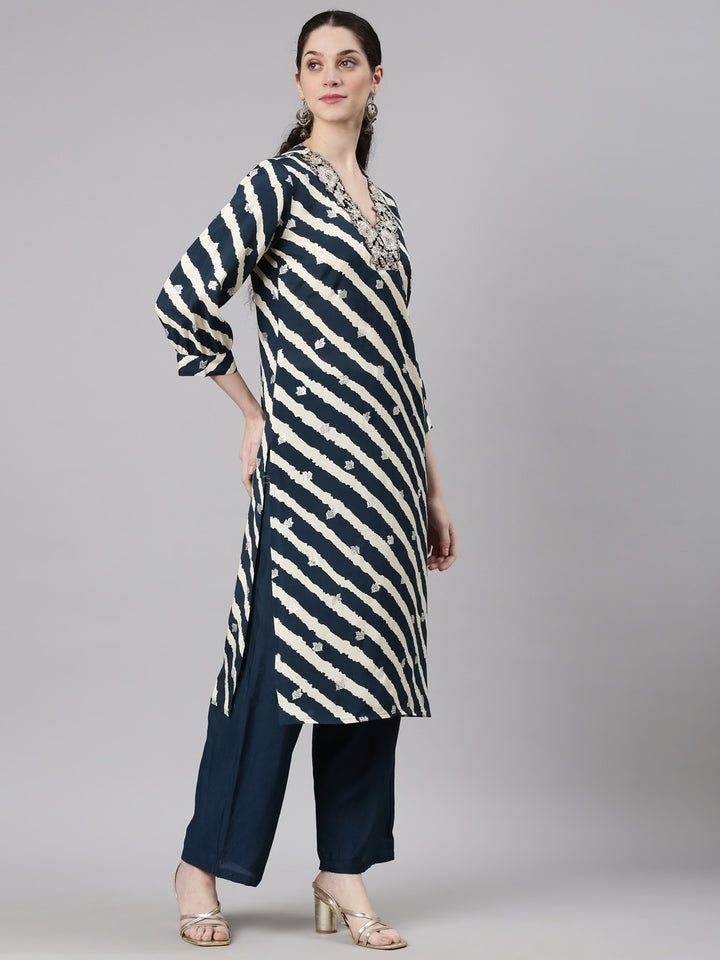 Neerus Navy Blue Straight Casual Leheriya Kurta and Palazzo