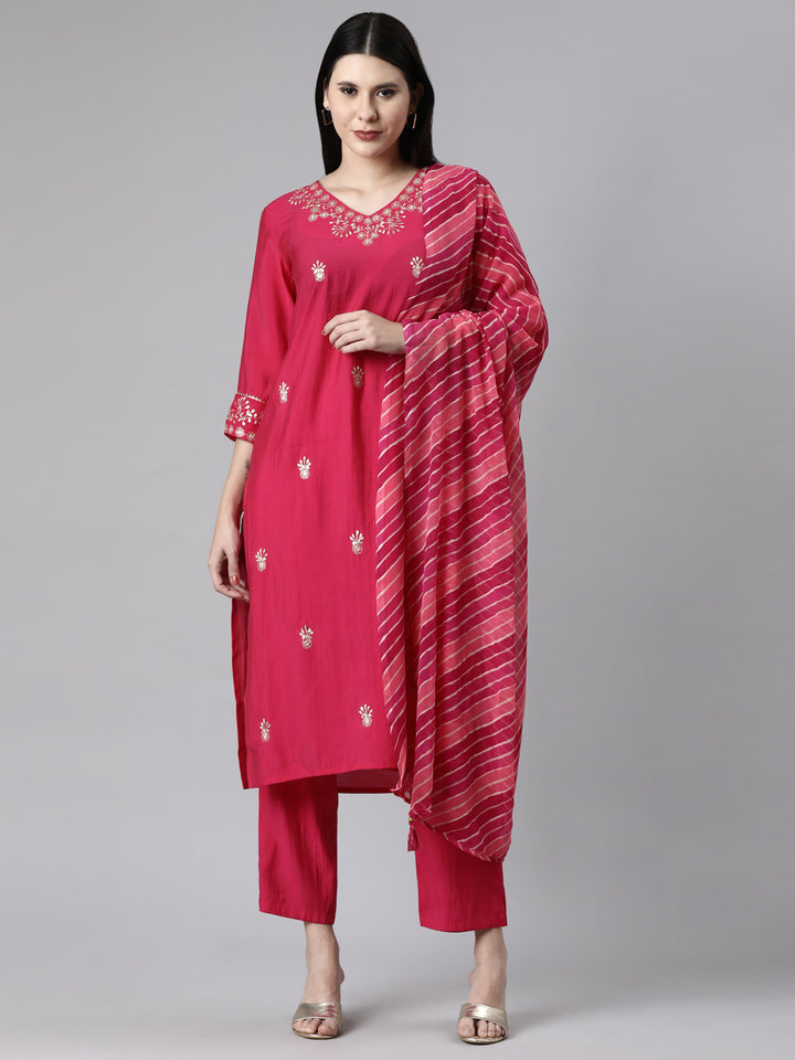 Neerus Pink Casual Solid Straight Kurta and Trousers With Dupatta