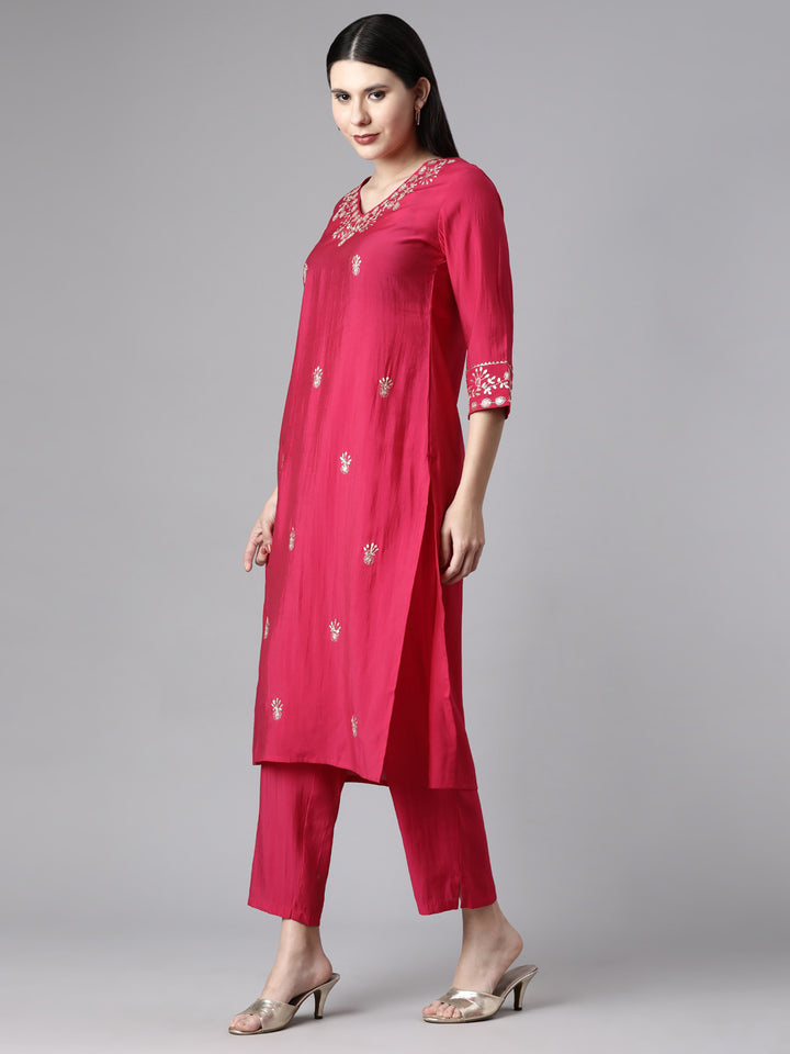 Neerus Pink Casual Solid Straight Kurta and Trousers With Dupatta