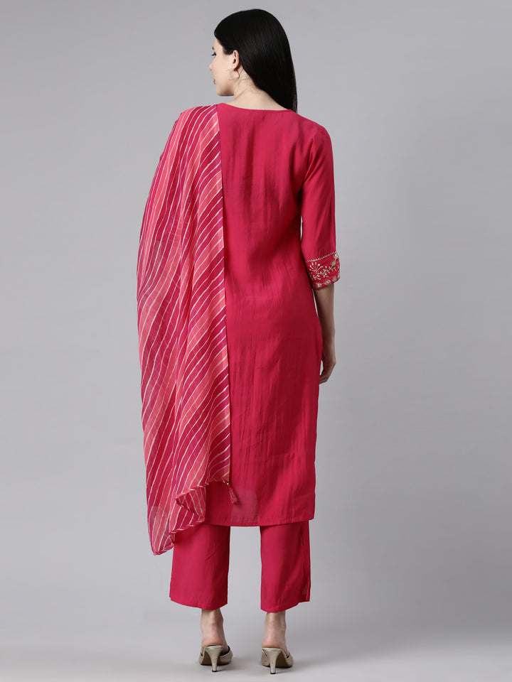 Neerus Pink Casual Solid Straight Kurta and Trousers With Dupatta