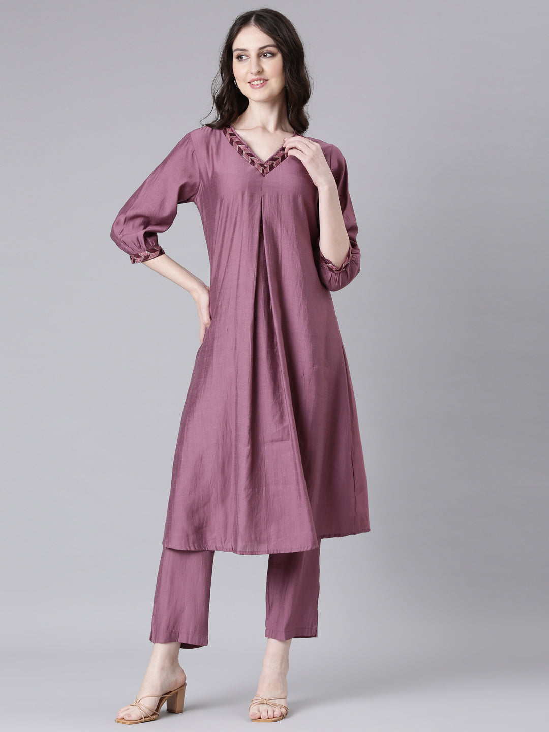 Neerus Purple Solid Straight Kurta and Trousers