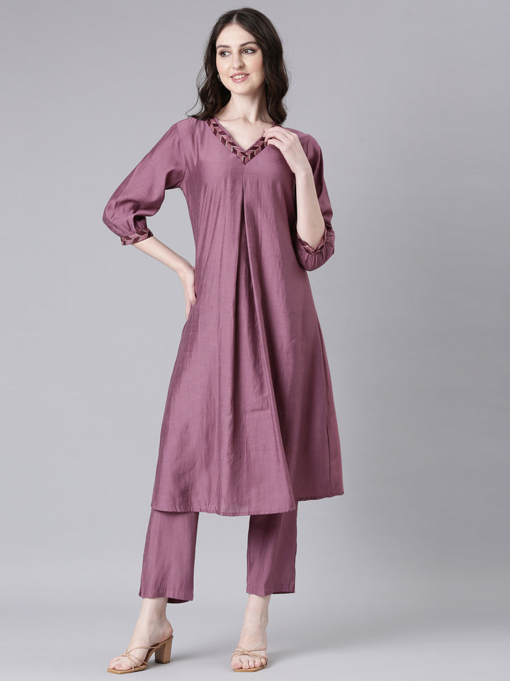 Neerus Purple Solid Straight Kurta and Trousers
