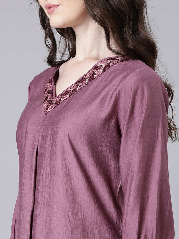 Neerus Purple Solid Straight Kurta and Trousers