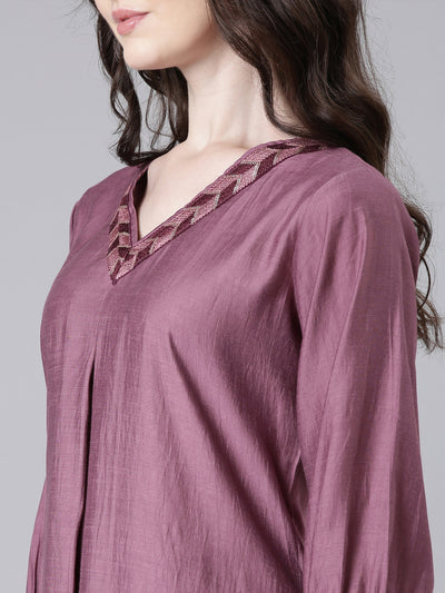 Neerus Purple Solid Straight Kurta and Trousers